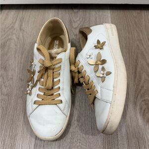 Michael Kors White Leather Sneakers with Gold Floral Accents